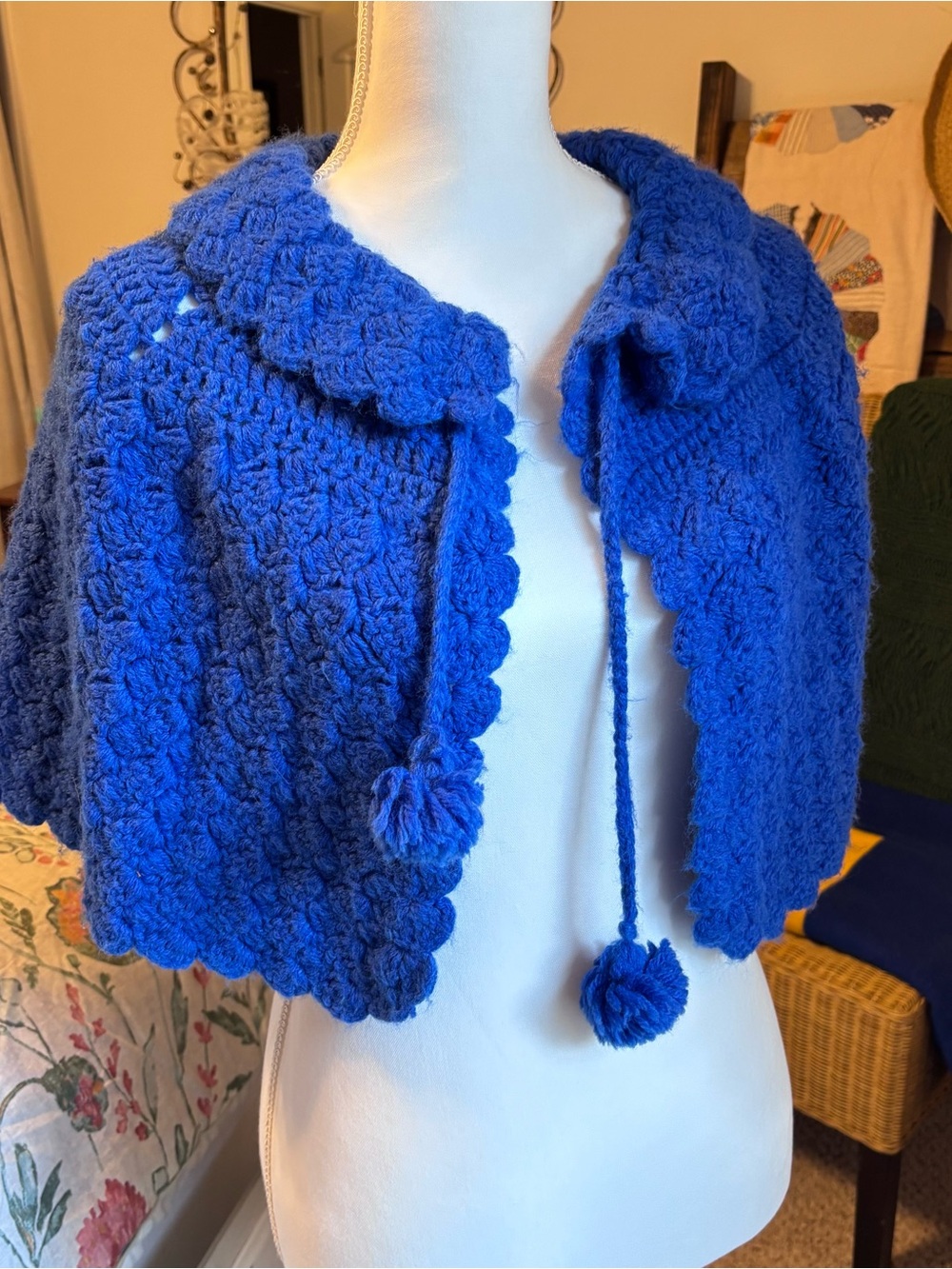 Royal Blue Crochet Pom-Pom Capelet Jacket - Women